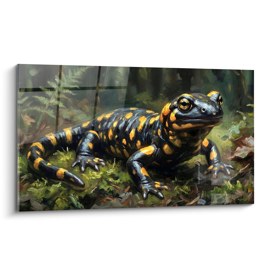 Tableau Salamandre Tachetée Noire et Orangée sur Mousse Forestière - Beauté Amphibienne - Edition Salamandre