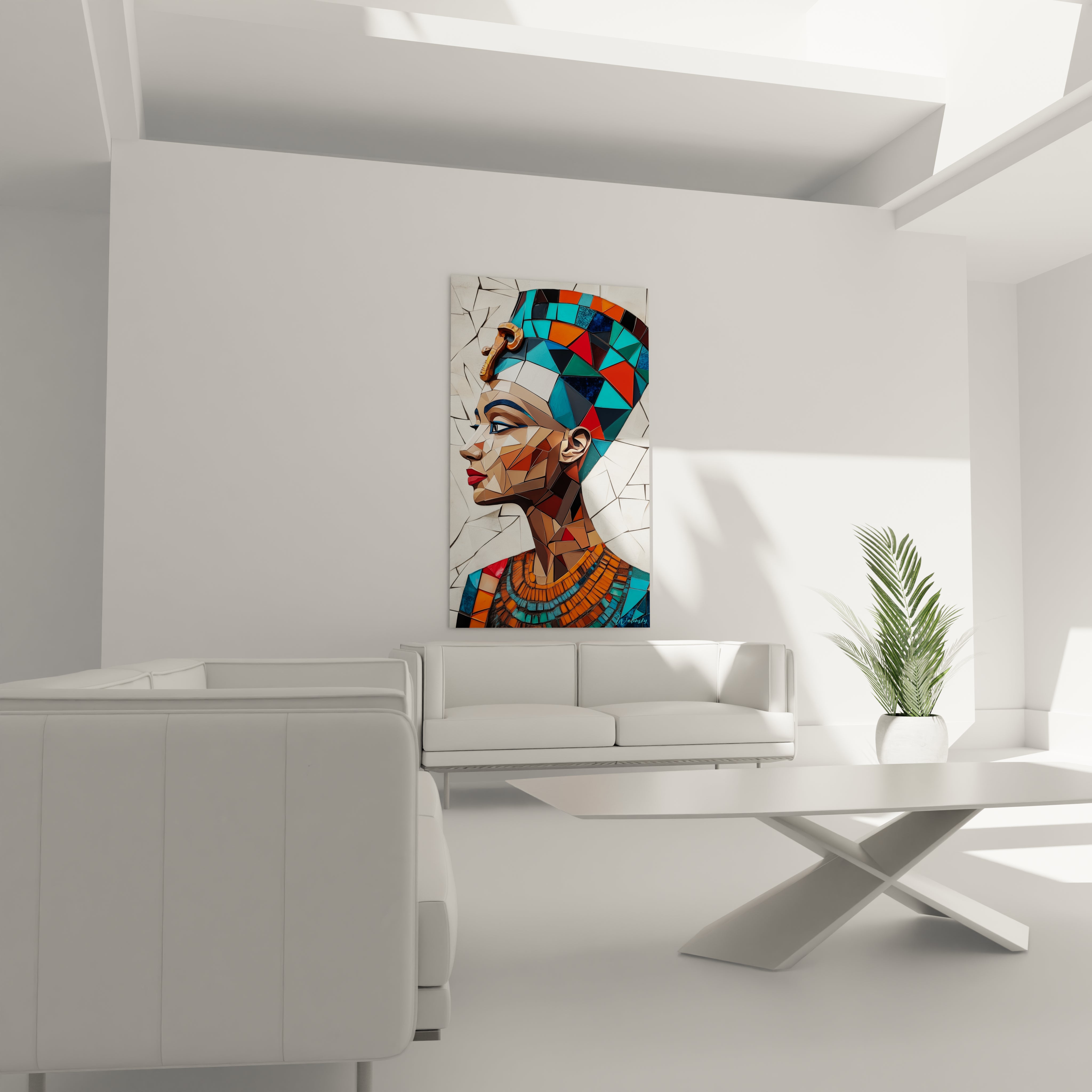 Tableau Egypte mural Walensky représentant un portrait coloré style géométrique dans un salon moderne blanc