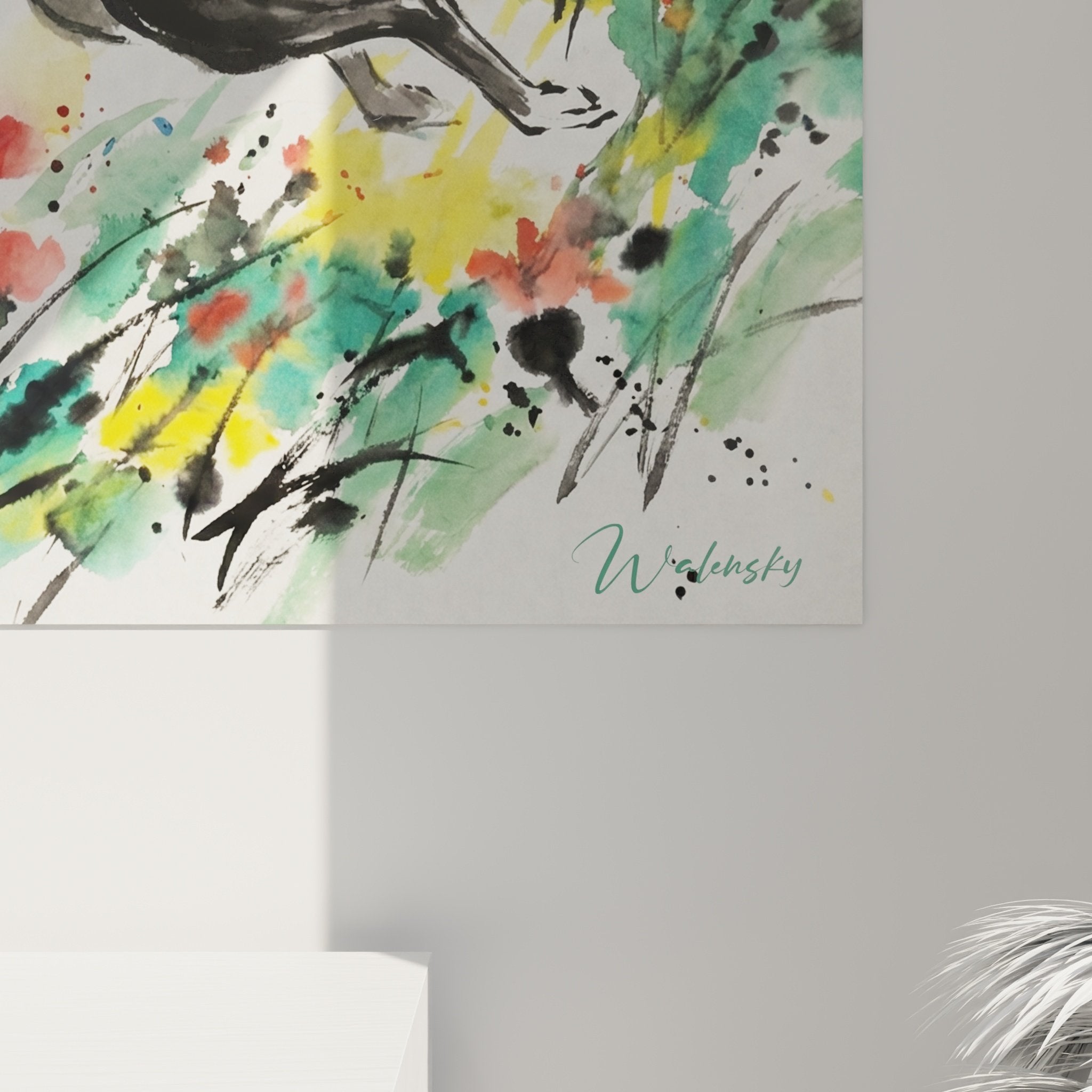 Tableau mural salon levrier noir prairie coloree style contemporain decoration animaliere