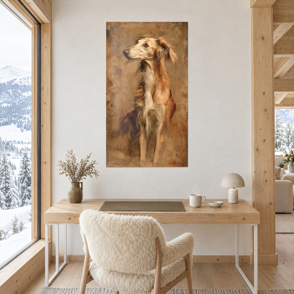 Cuadro galgo dorado de flecos ligeros, matices de tierra de Siena y marfil, colgado encima de un escritorio de madera clara