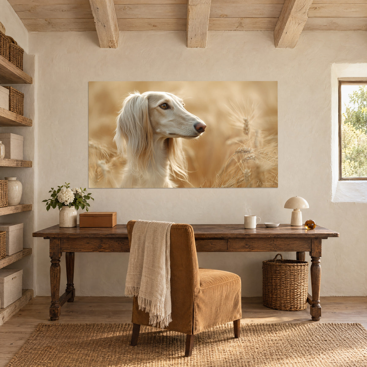 Cuadro galgo de ojos ámbar, en tonos crema y arena, hocico fino, frente a un escritorio de madera en bruto y un sillón caramelo