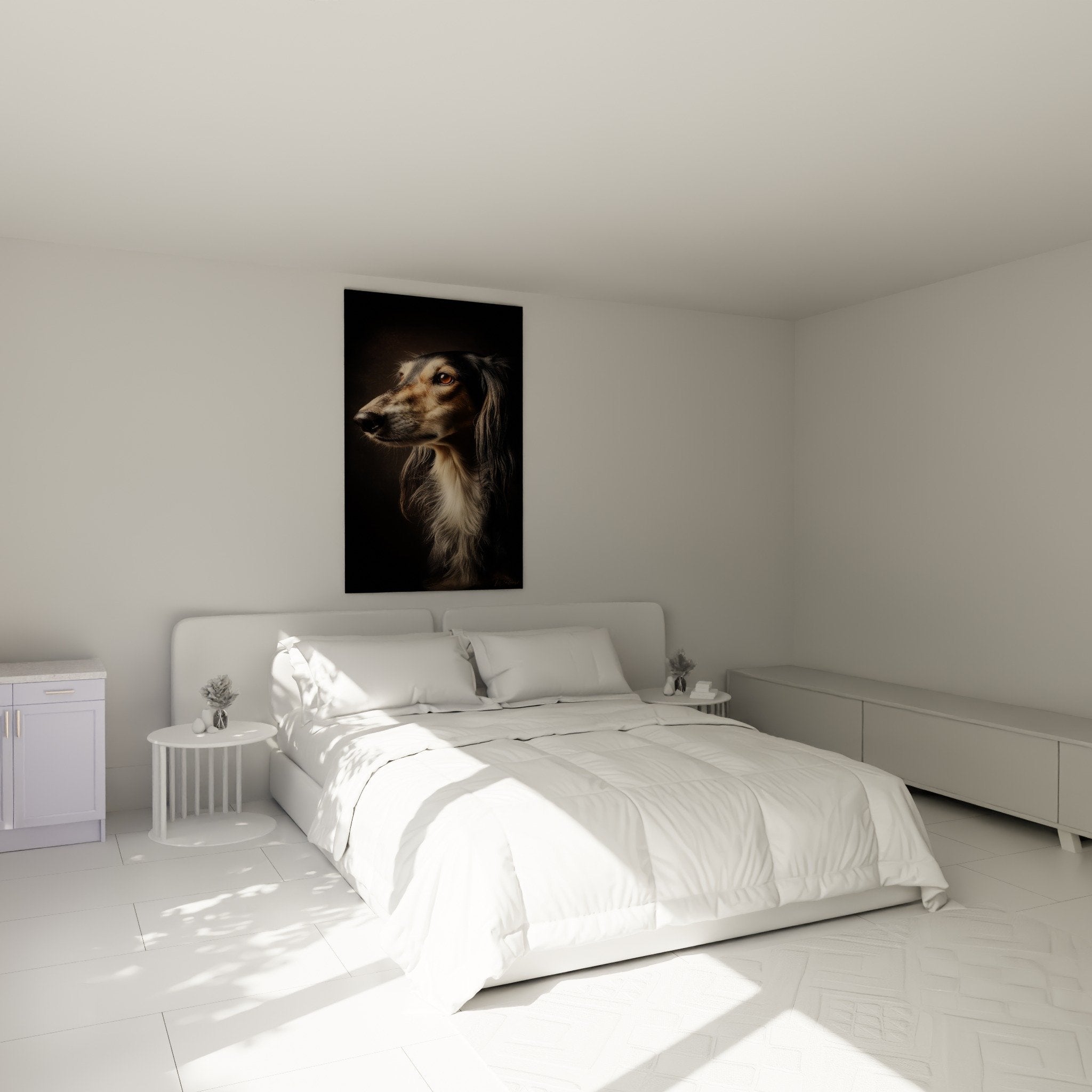 Tableau Saluki portrait levrier dans chambre moderne, decoration murale tons chauds bruns beiges, art animalier