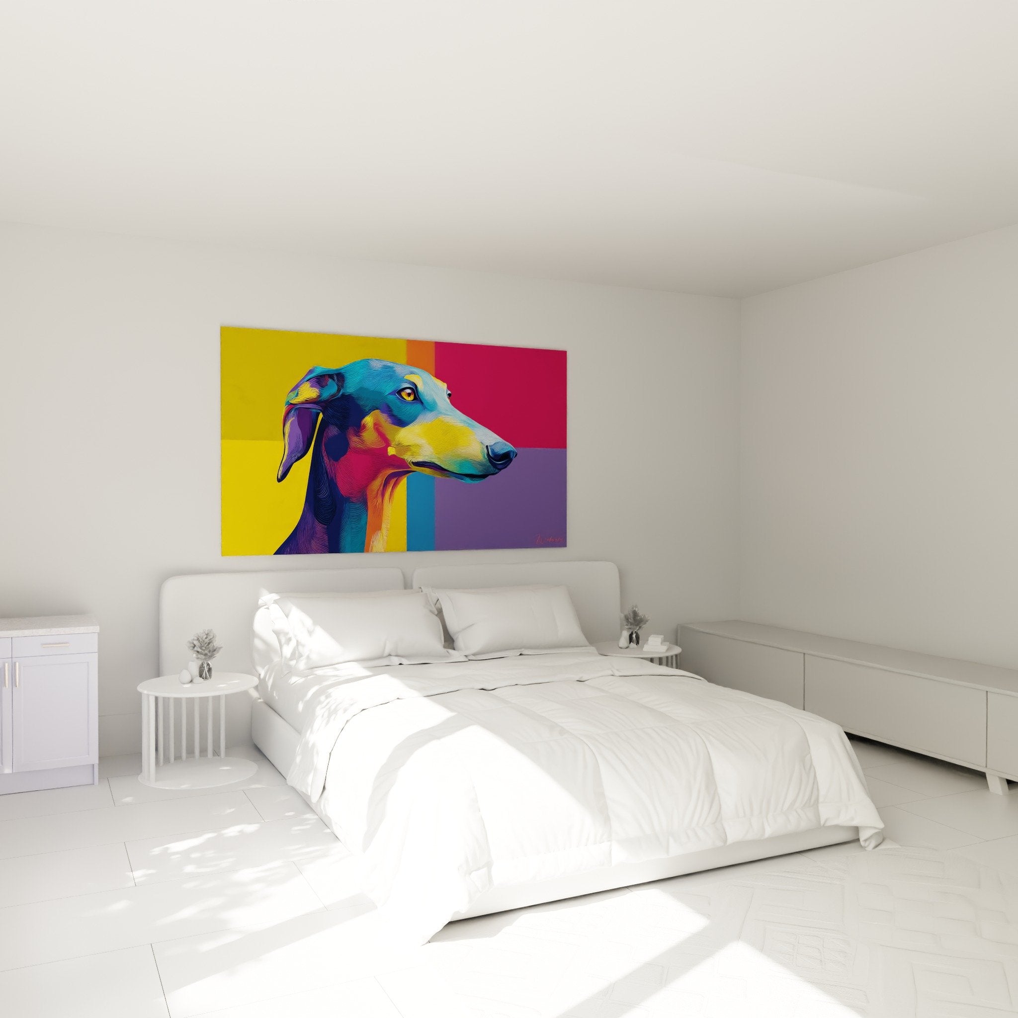 Tableau portrait de lévrier Saluki aux couleurs vives accroché dans chambre moderne épurée