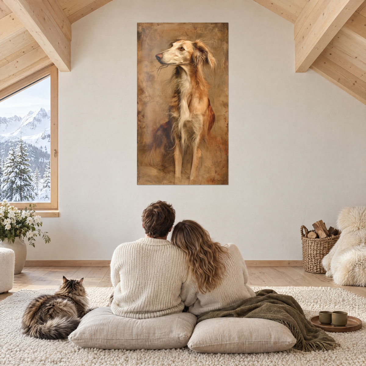 Cuadro perro de raza saluki, pecho crema y pelaje cobrizo, fondo ocre envejecido, bajo las vigas de un chalet de montaña