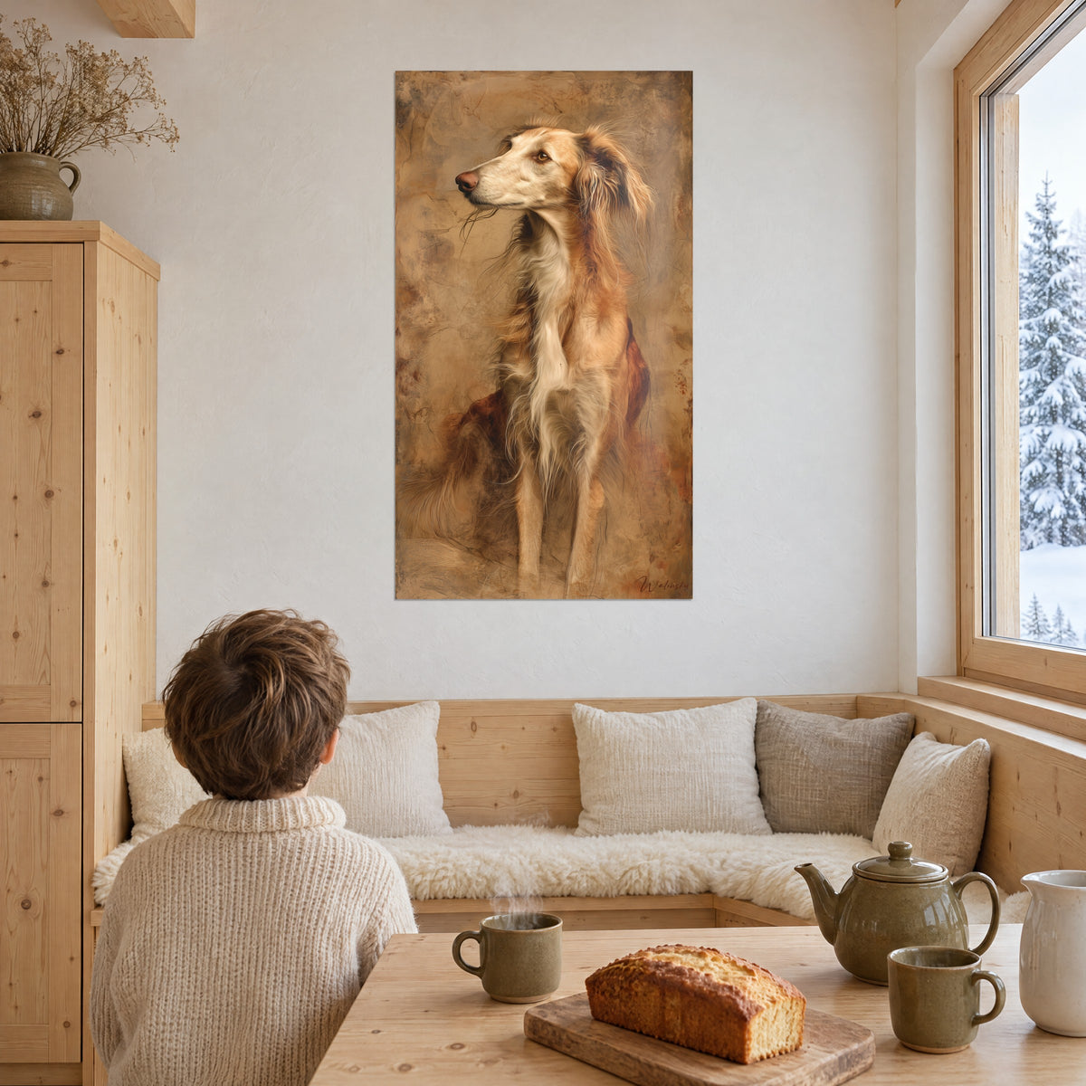 Cuadro galgo de silueta fina, pelaje caramelo y crema, fondo texturizado marrón dorado, frente a un gran ventanal con vistas a la nieve