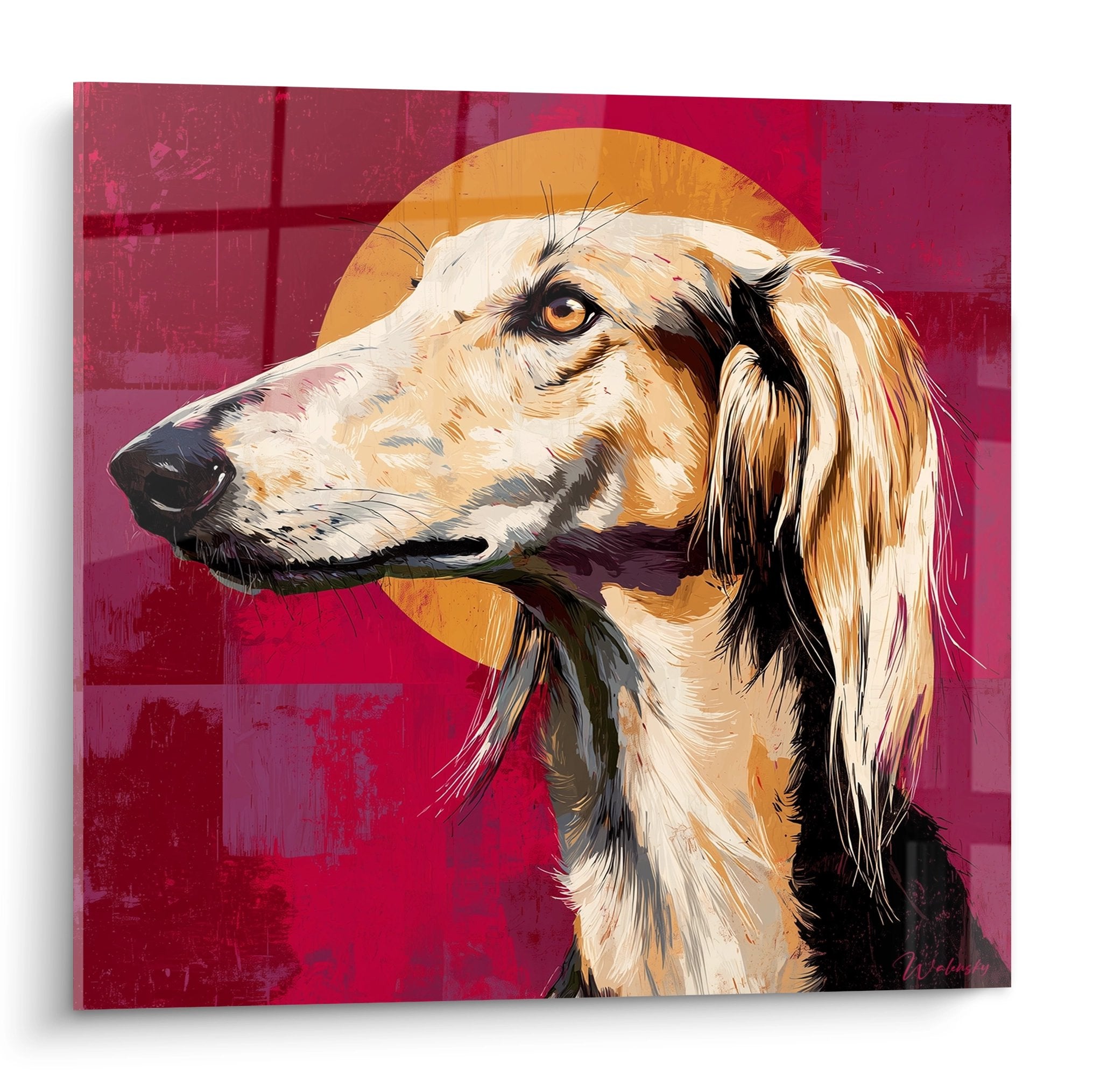 Portrait artistique de Saluki de profil sur fond rouge avec halo doré, style contemporain chaleureux et noble