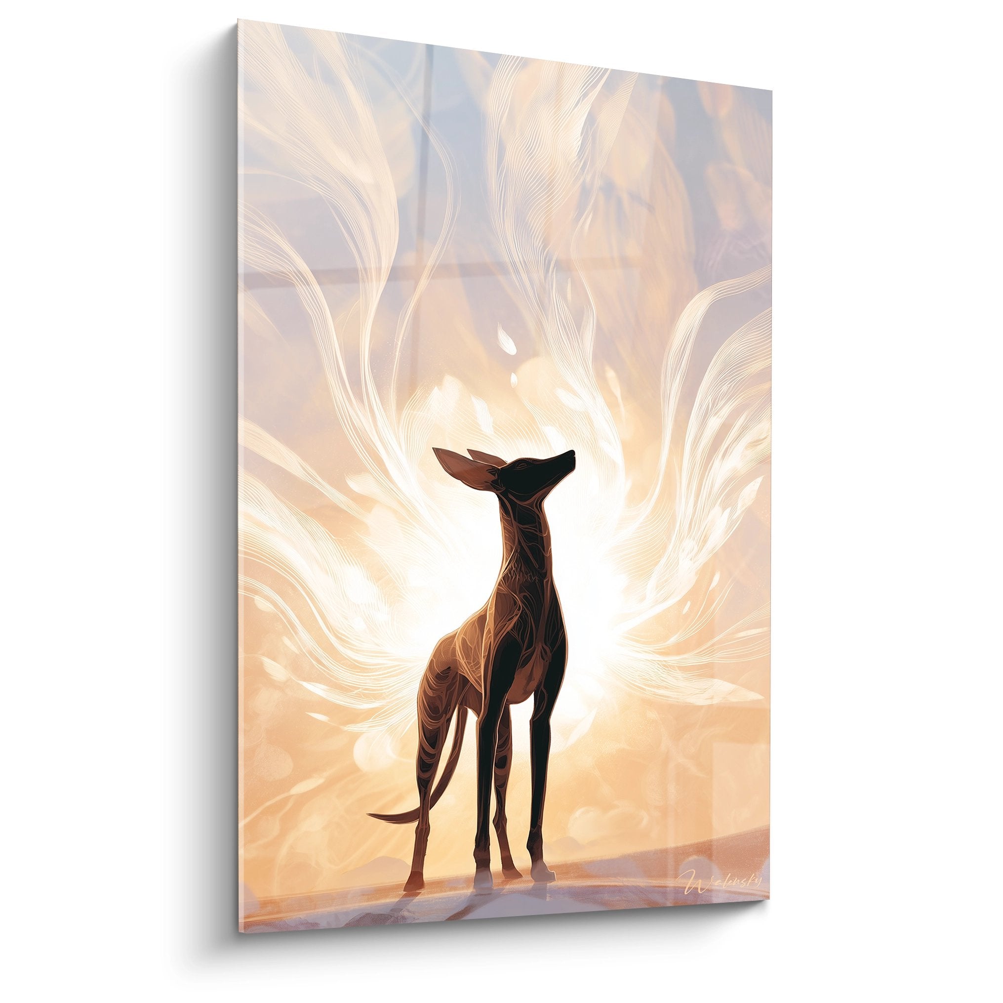 Tableau artistique representant un levrier saluki dans un tourbillon de lumieres dorees et nacarees sur fond cosmique