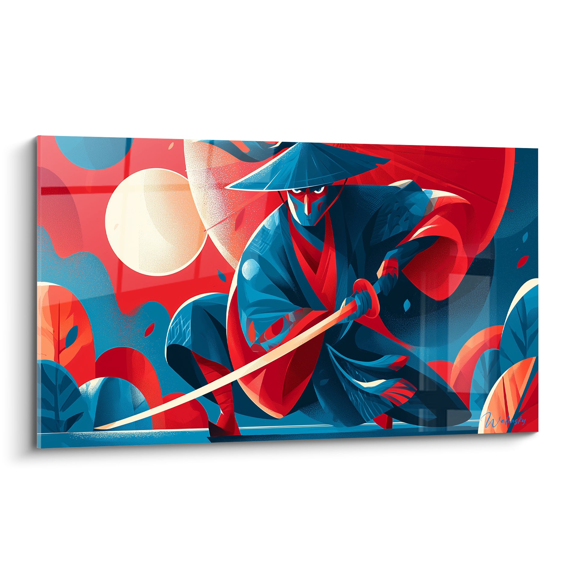 Samouraï accroupi en kimono bleu profond, katana tendu, décor rouge écarlate et lune crème