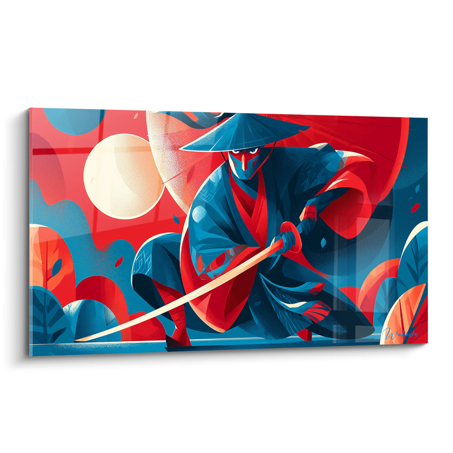 Tableau Guerrier bleu et rouge sous lune pâle - Feuillage stylisé du décor - Edition Samouraï