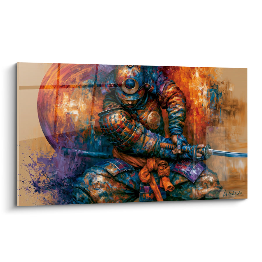 Tableau Guerrier agenouillé bleu et orange au disque solaire - Ceinture nouée écarlate - Edition Samouraï