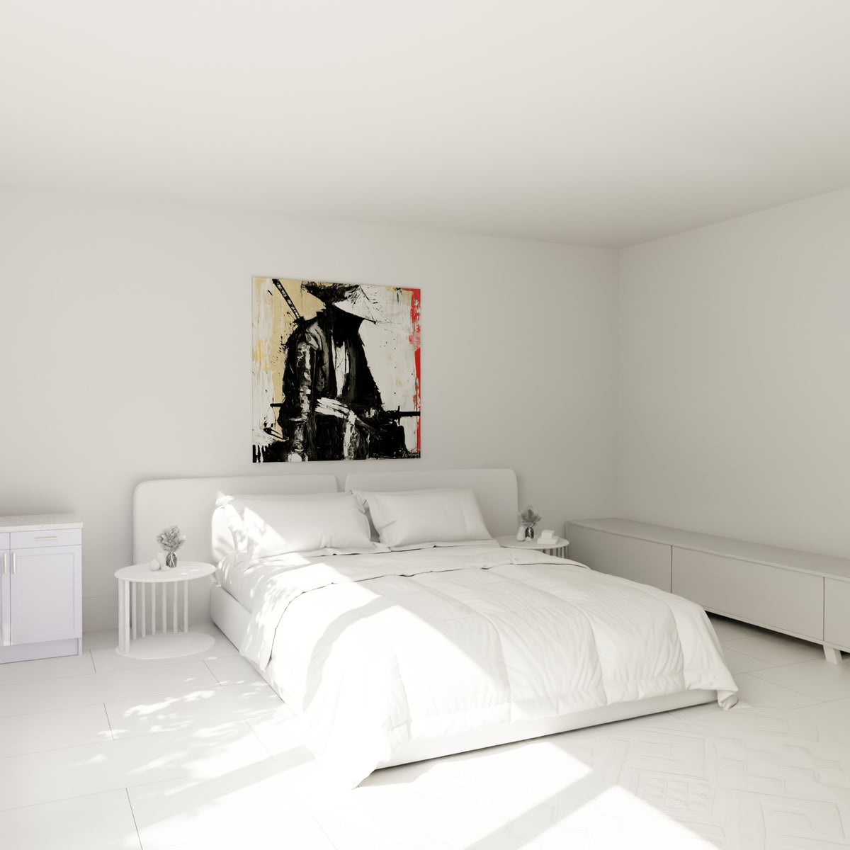 Guerrier anthracite au sabre incliné, tableau Samouraï accroché au-dessus d'un lit dans une chambre claire