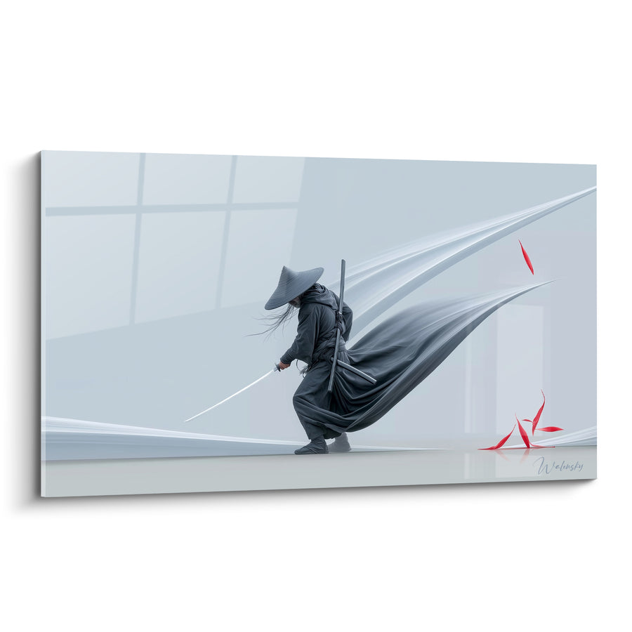 Tableau Guerrier gris et blanc au manteau tourbillonnant - Feuilles rouges éparses - Edition Samouraï