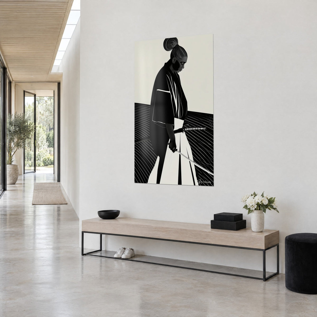 Wall art black and cream warrior, head tilted, engraved lines rippling in the background, white wall and light wood bench in three-quarter view