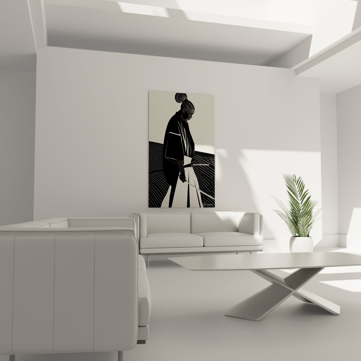 Silhouette anthracite au sabre gris clair placée au-dessus d'un canapé dans un salon lumineux