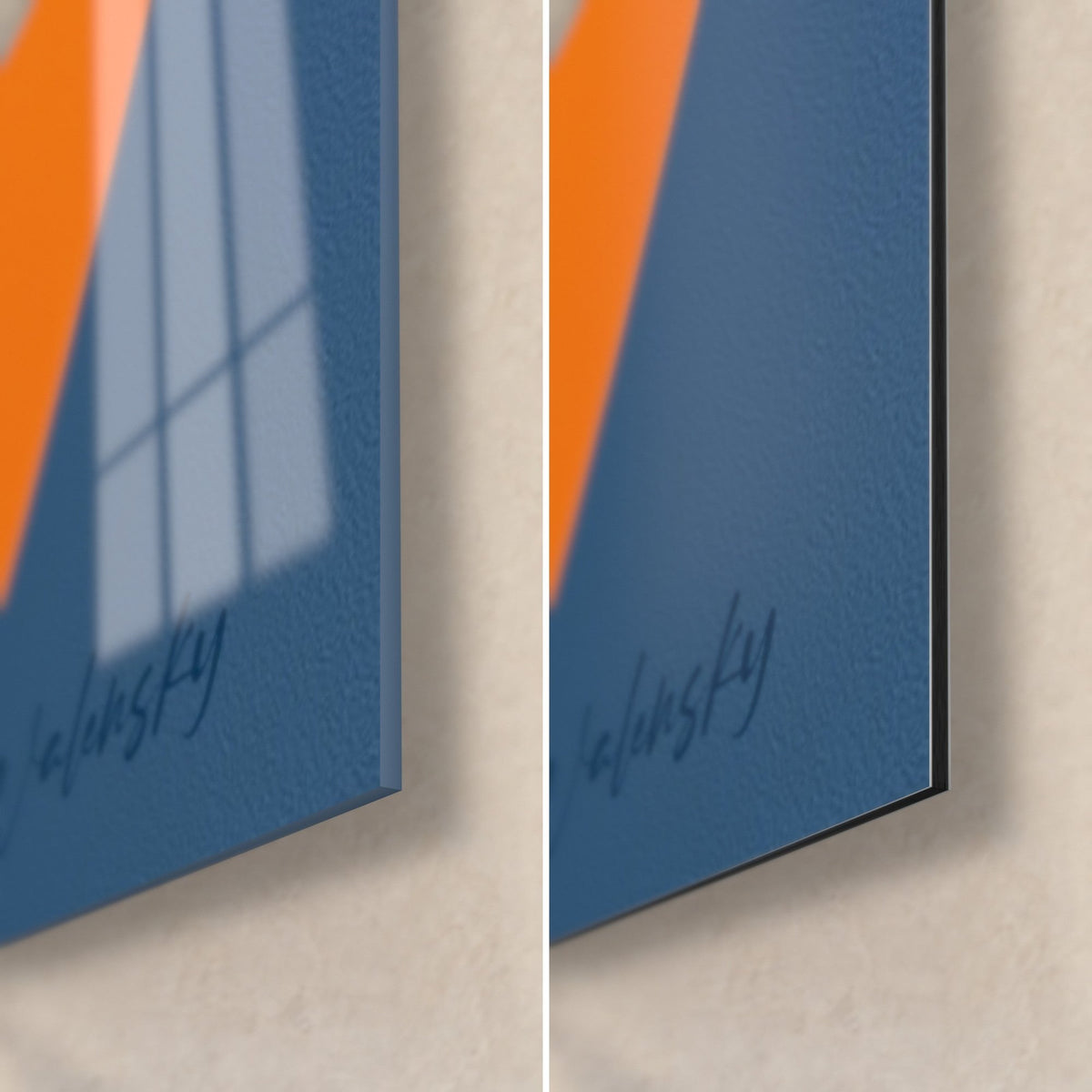 Wall art ronin with orange sun disc, bottom right corner: glossy acrylic glass on the left, matte blue Dibond aluminum on the right, 3 mm edge
