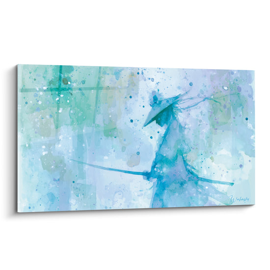 Samouraï bleu marine et vert sauge en aquarelle, sabre tendu dans une brume délicate