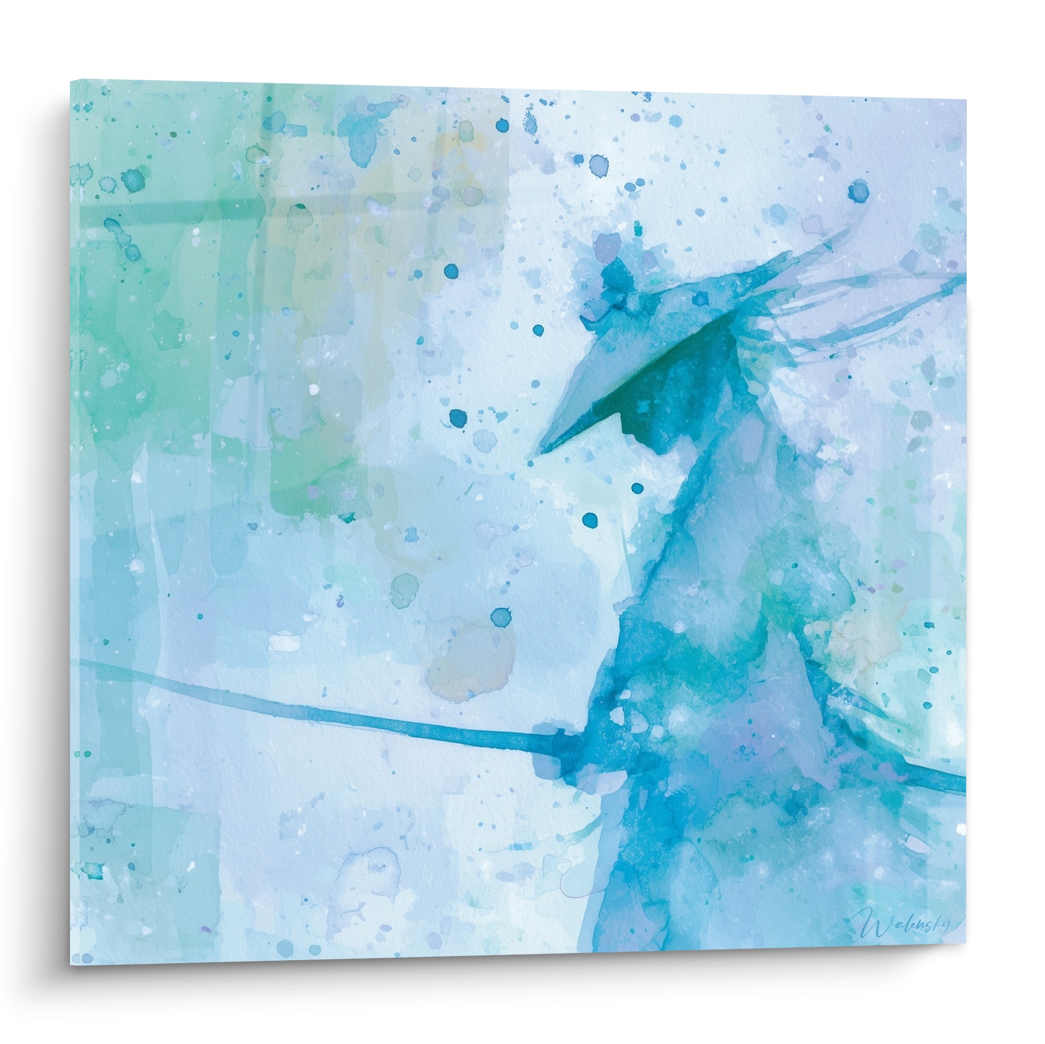Samouraï en armure bleu marine et turquoise, sabre levé, aquarelle éclaboussée sur fond vert d'eau