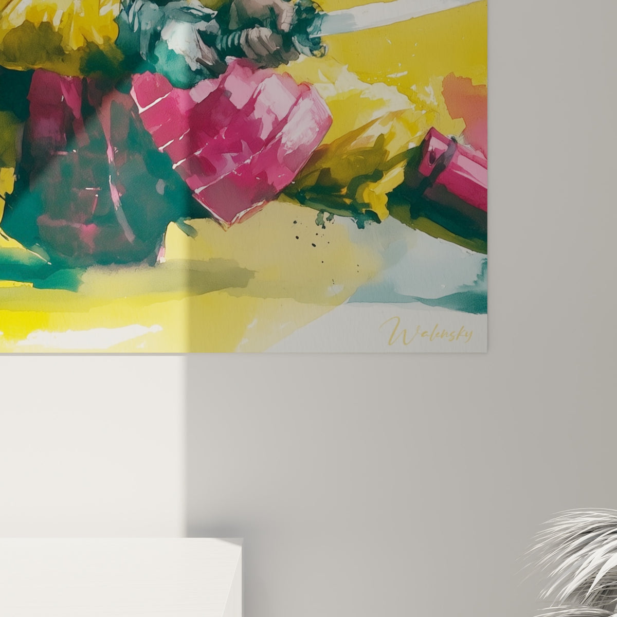 Coulures d'aquarelle jaune et pourpre visibles de près sur ce tableau Samouraï au sabre argenté
