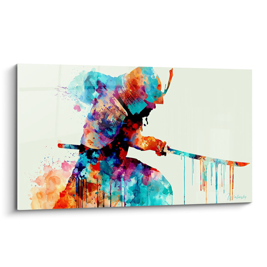 Tableau Guerrier turquoise et corail au katana - Instant du dégainement - Edition Samouraï