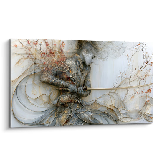 Samouraï argenté et doré en méditation, sabre serré parmi des branches fleuries roses