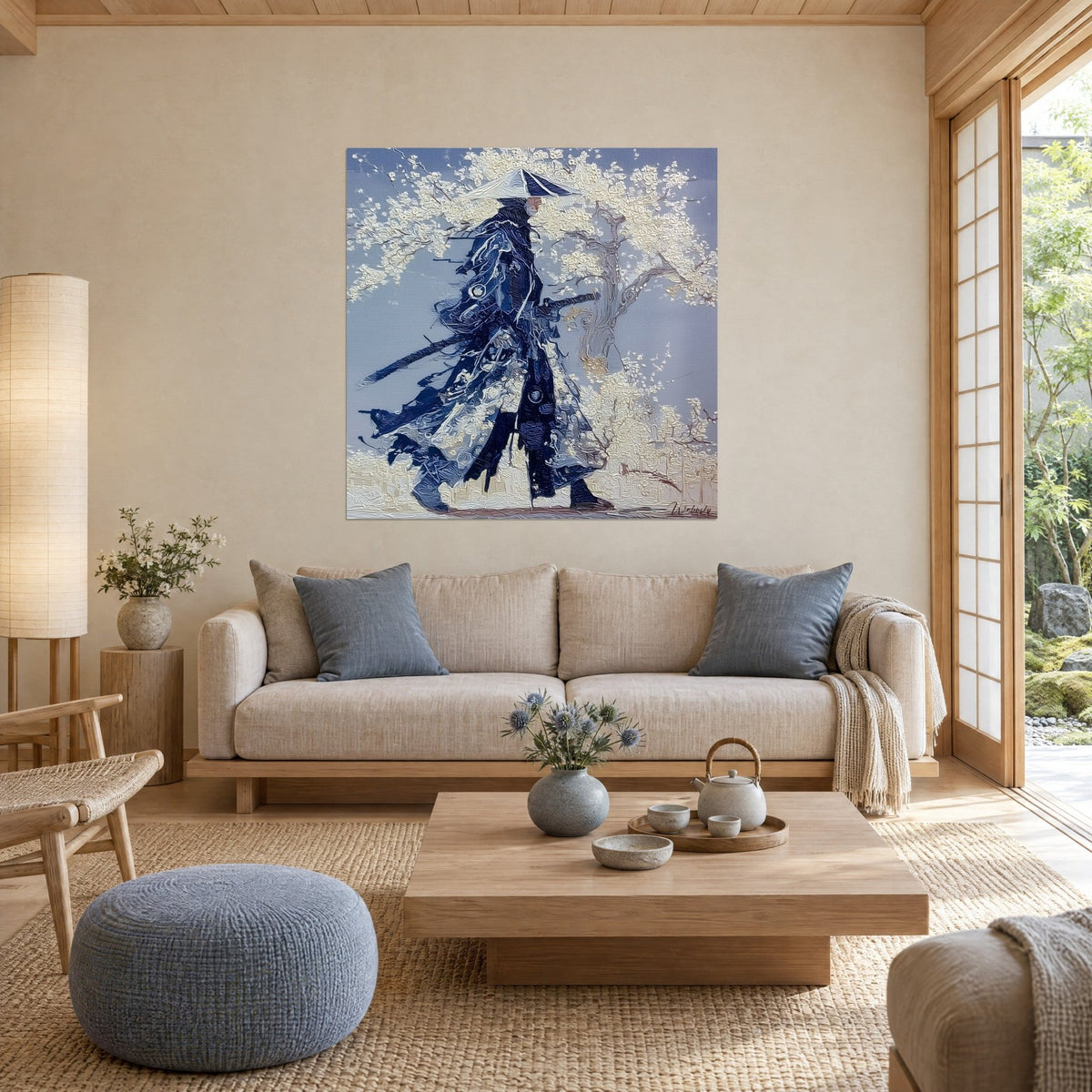 Tableau guerrier au chapeau conique et manteau bleu marine, cerisier en fleurs blanc crème, au-dessus d'un canapé dans un salon lumineux
