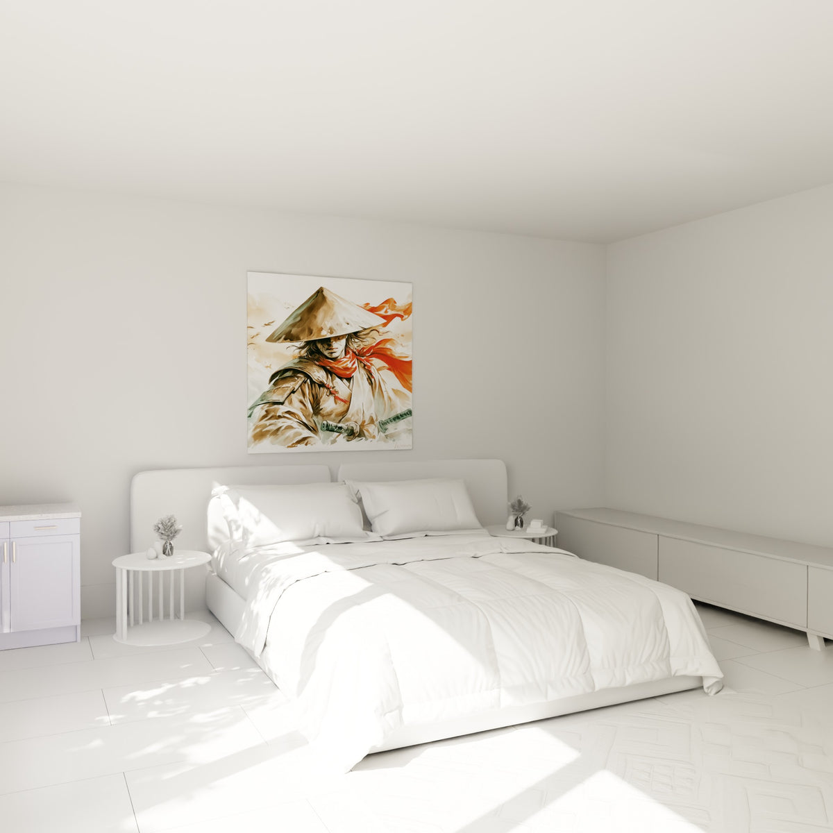 Guerrier samouraï en tons terracotta et anthracite, tableau accroché au-dessus d'un lit dans une chambre claire