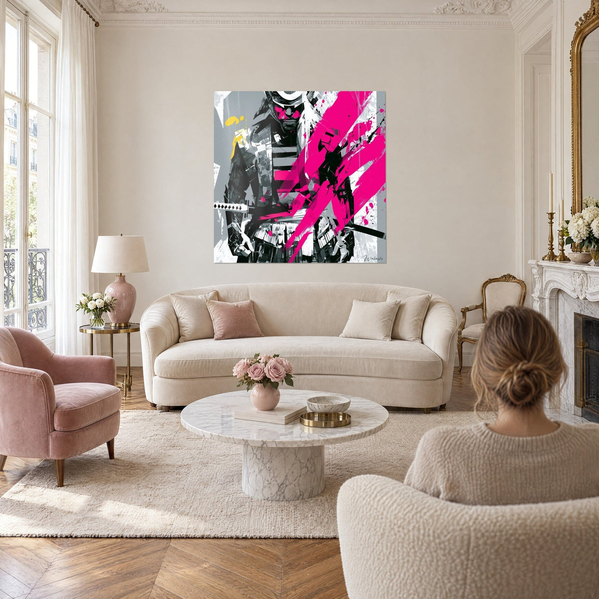 Wall art samurai in black and grey armour, fuchsia pink splashes and a touch of yellow, above a sofa in a bright living room