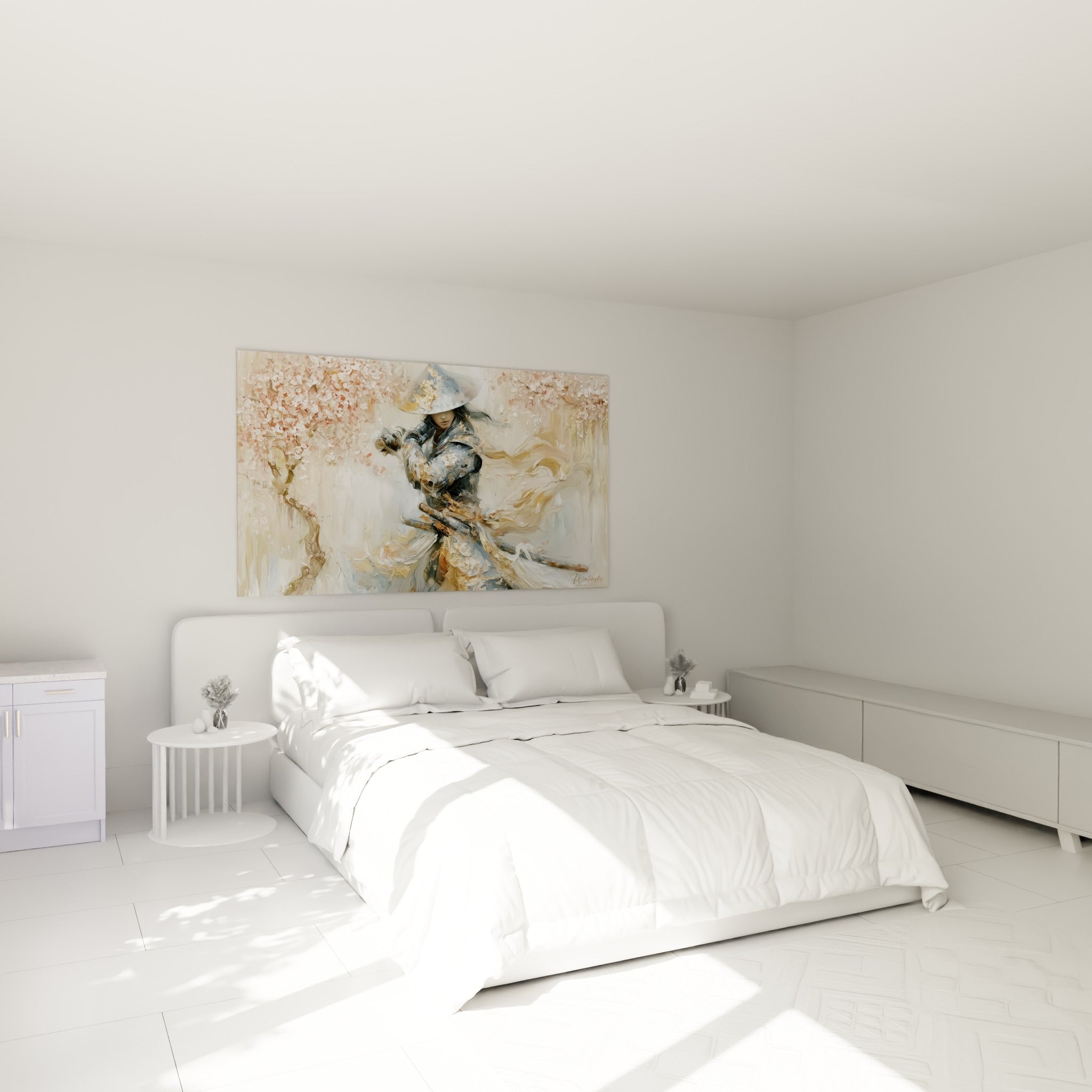 Guerrier vêtu de gris et d'or sous des cerisiers en fleurs, au-dessus d'un lit dans une chambre claire
