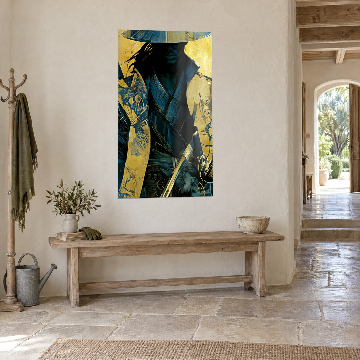 Wall art of a night warrior with face in shadow, gold and navy floral sleeves, gleaming sword, on a stone wall
