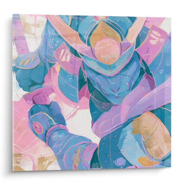 Tableau Guerrier casqué aux teintes bleu rose doré - Souffle avant l'assaut - Edition Samouraï