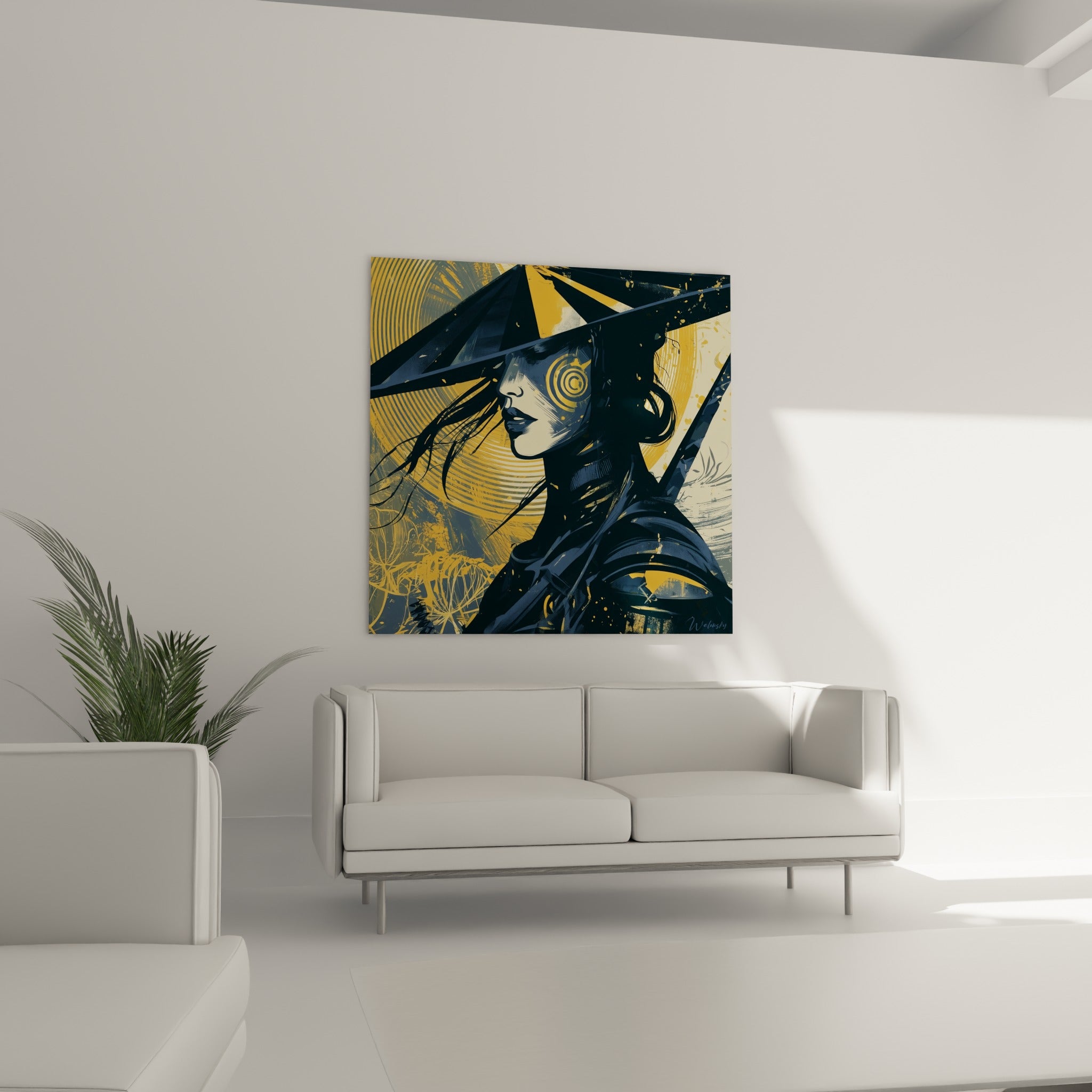 Silhouette de samouraï en armure sombre et motifs dorés, au-dessus d'un canapé dans un salon lumineux