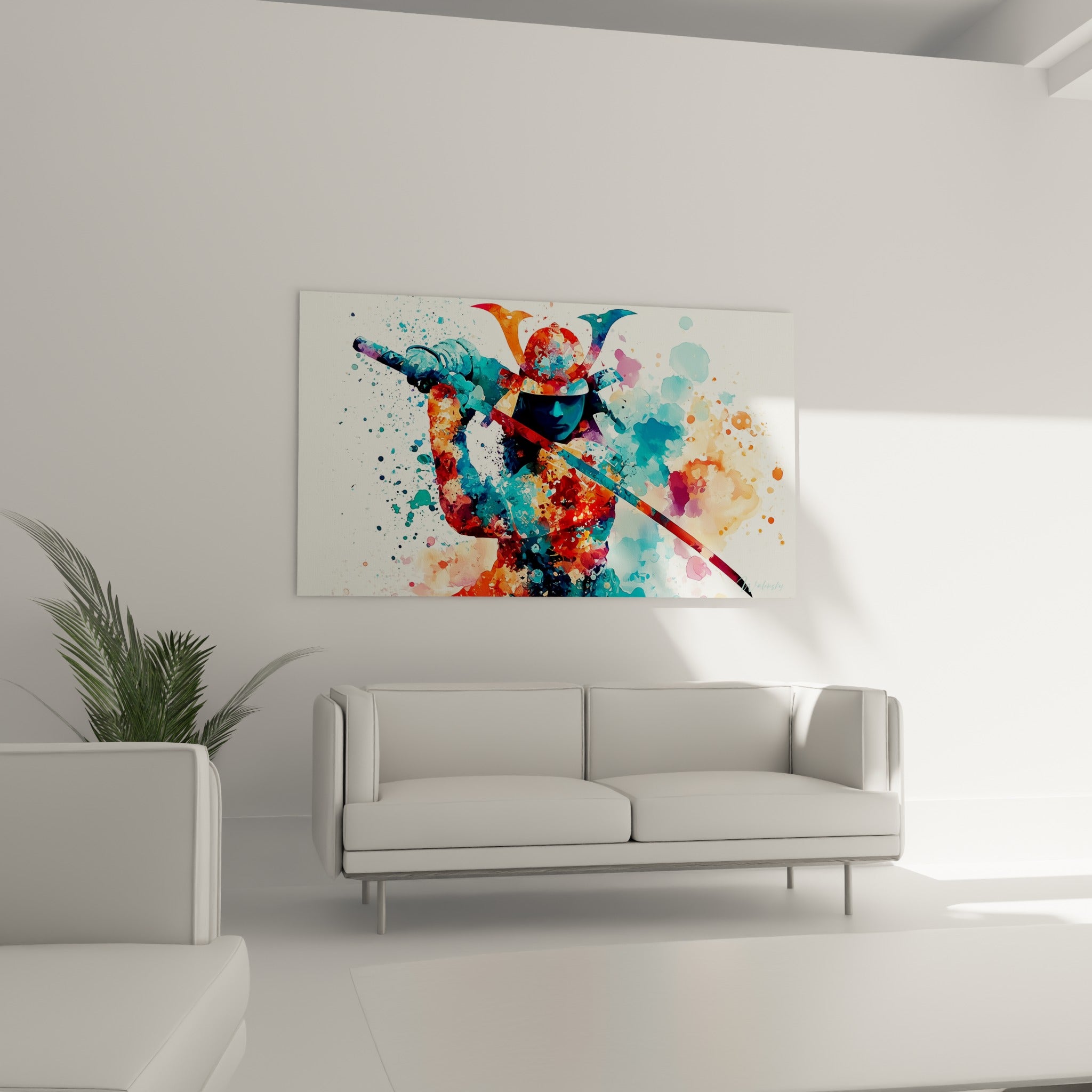 Combattant Samouraï en armure éclatée turquoise et rose pâle, sabre en diagonale, au-dessus d'un canapé dans un salon lumineux