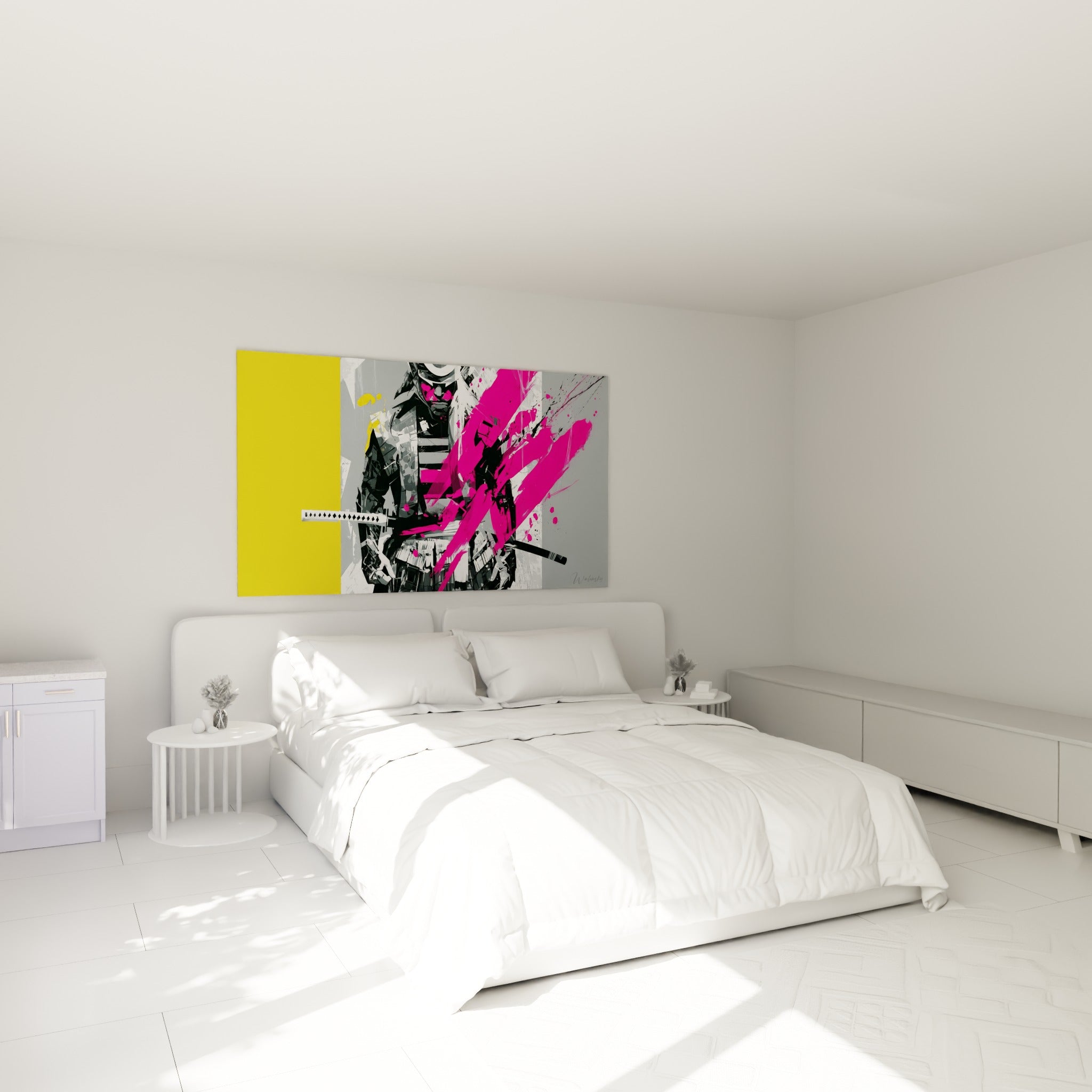 Guerrier Samouraï aux tons gris et rose fuchsia accroché au-dessus d'un lit dans une chambre claire