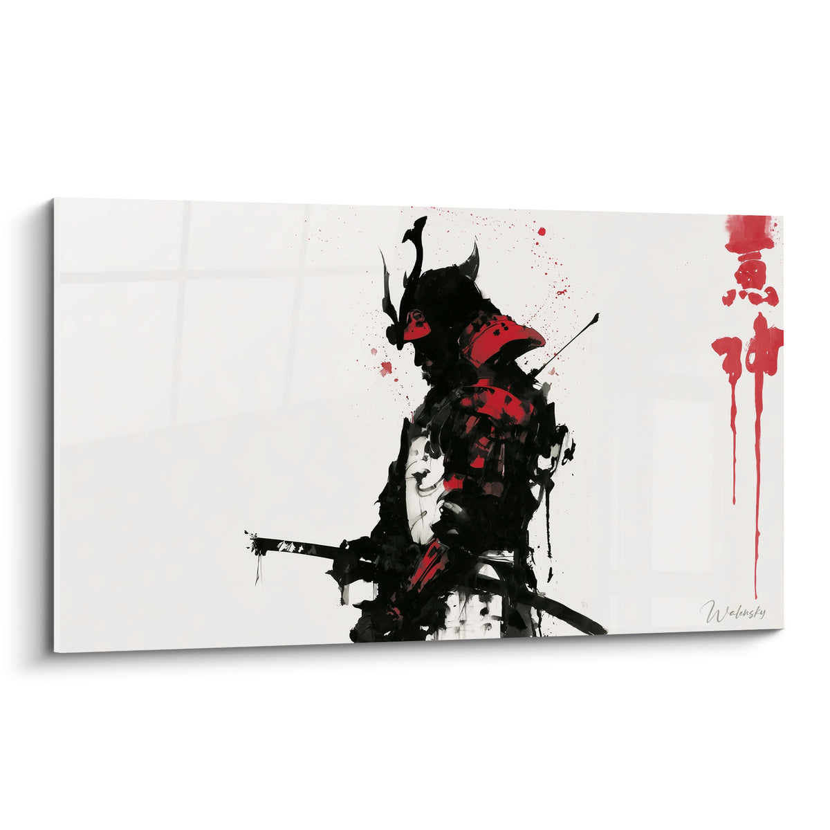 Samouraï de profil en armure noire et rouge sang, katana à la ceinture sur fond ivoire