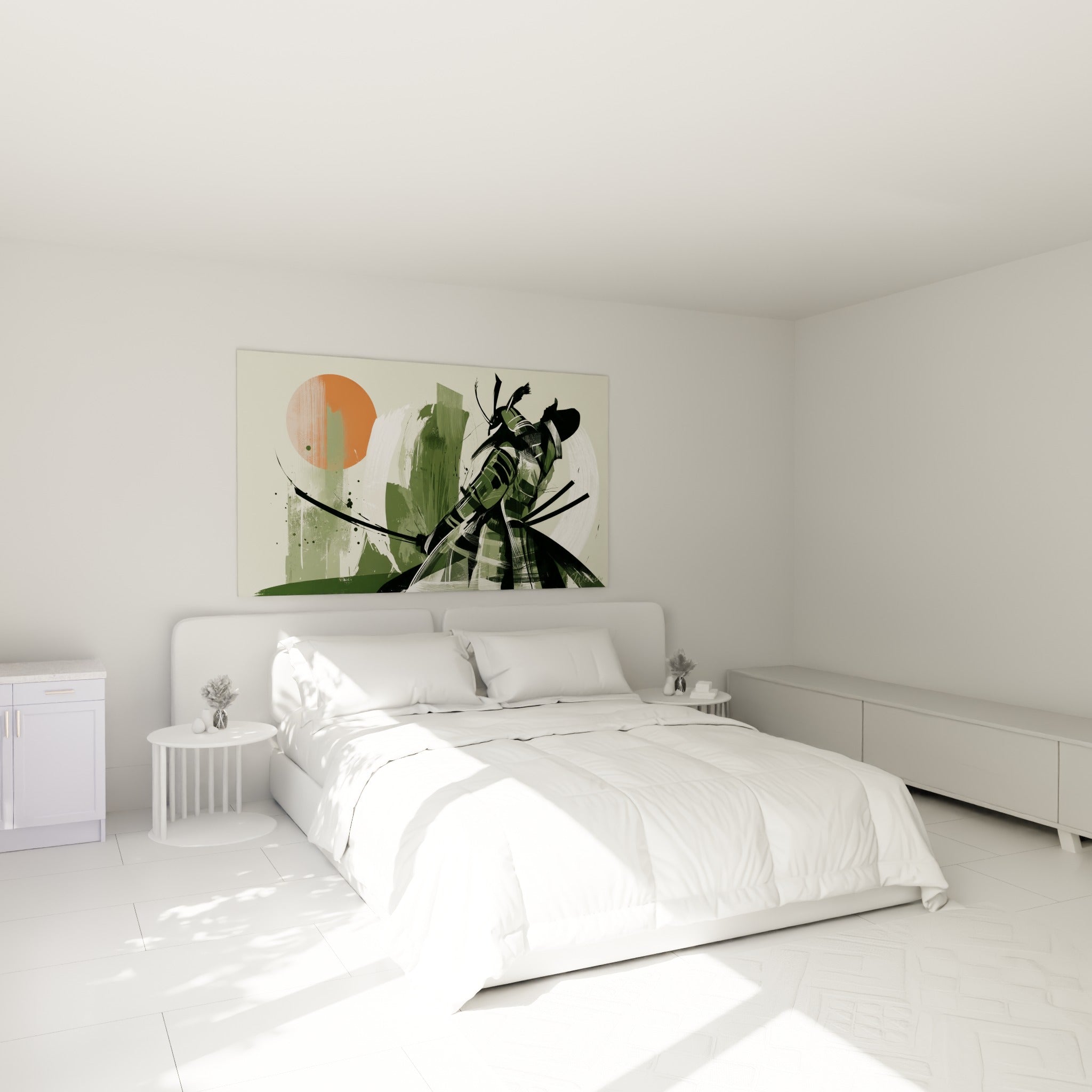 Guerrier japonais vert olive et anthracite peint au-dessus d'un lit dans une chambre claire