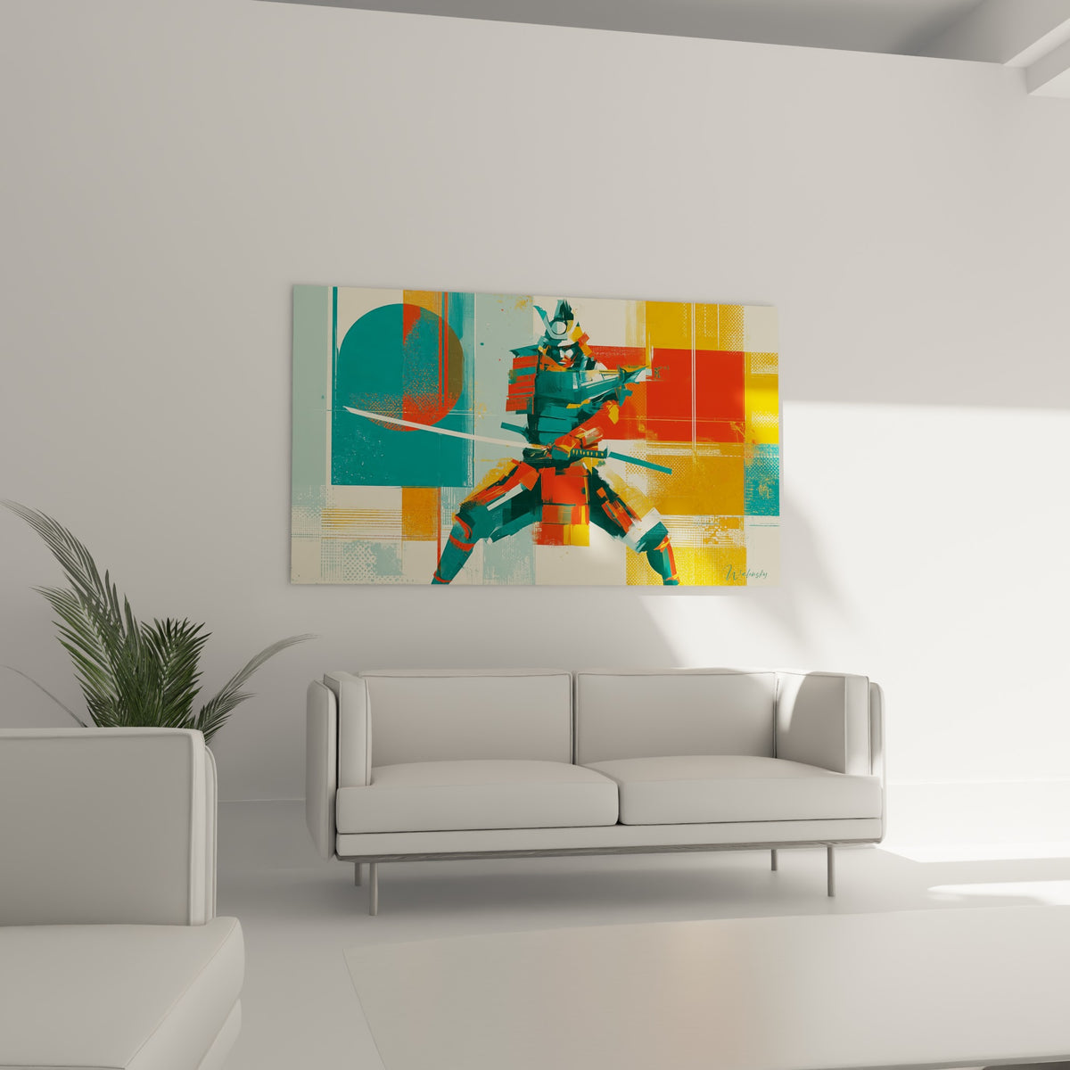 Samouraï brandissant son sabre, armure terracotta et bleu pétrole, au-dessus d'un canapé dans un salon lumineux