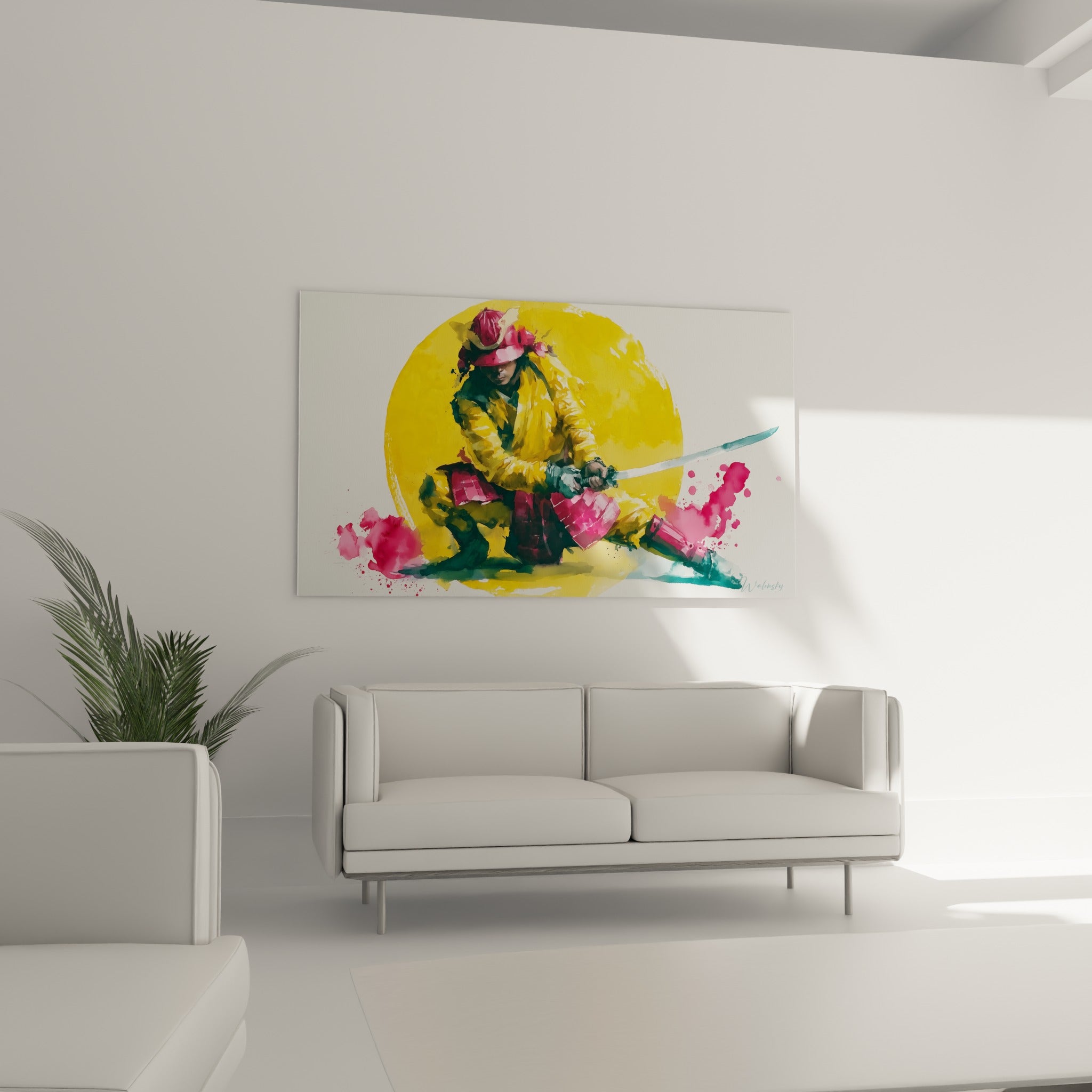 Sabre dégainé et armure rose sur fond jaune solaire, œuvre suspendue au-dessus d'un canapé dans un salon lumineux.