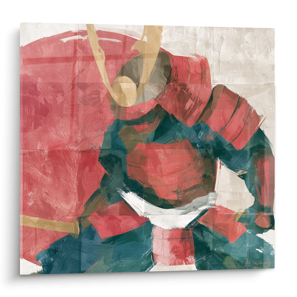 Tableau Guerrier rouge et bleu pétrole en armure - Instant de combat - Edition Samouraï