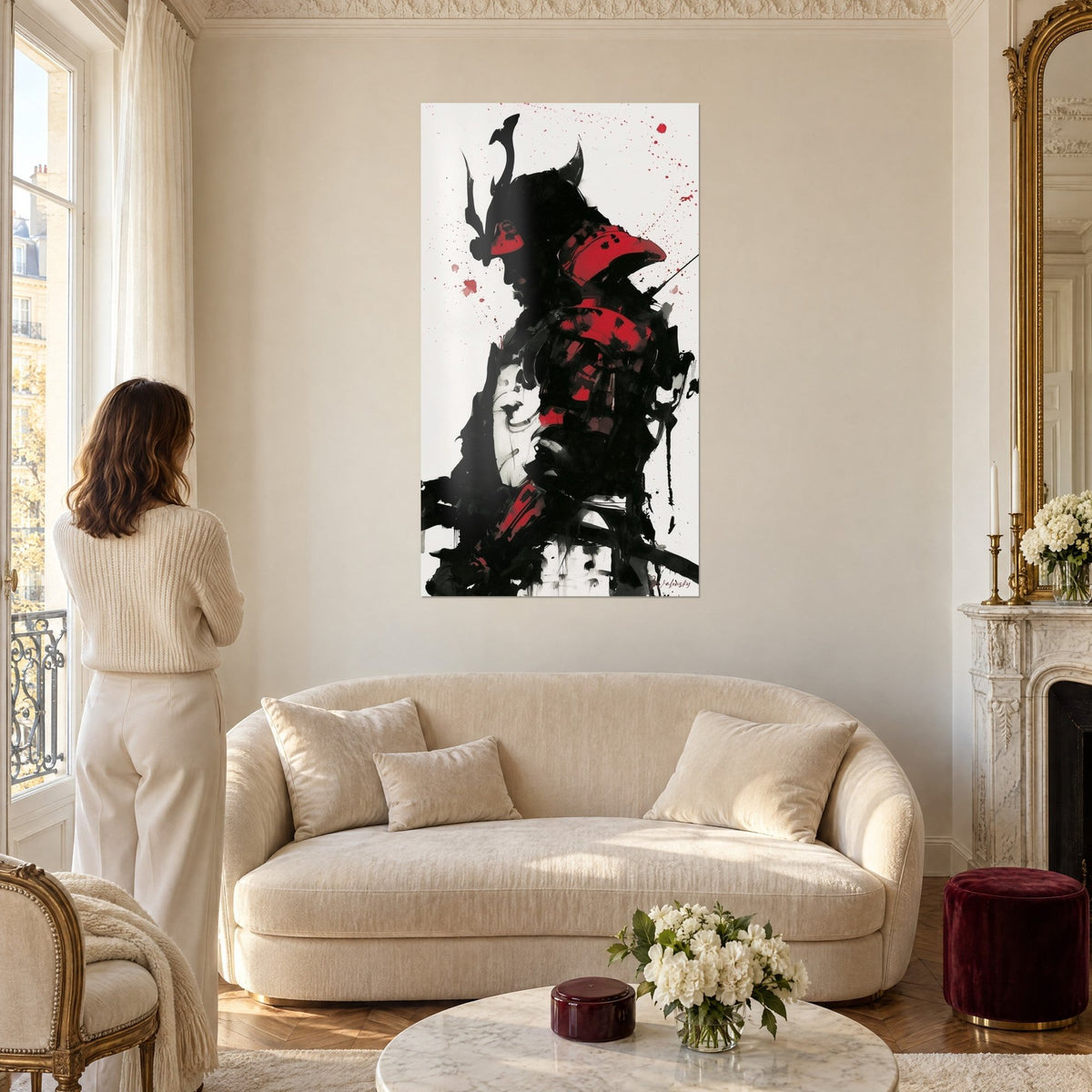 Wall art of a helmeted samurai with sharp curved horns, black ink and red armor on a white background, above a sofa in a bright living room