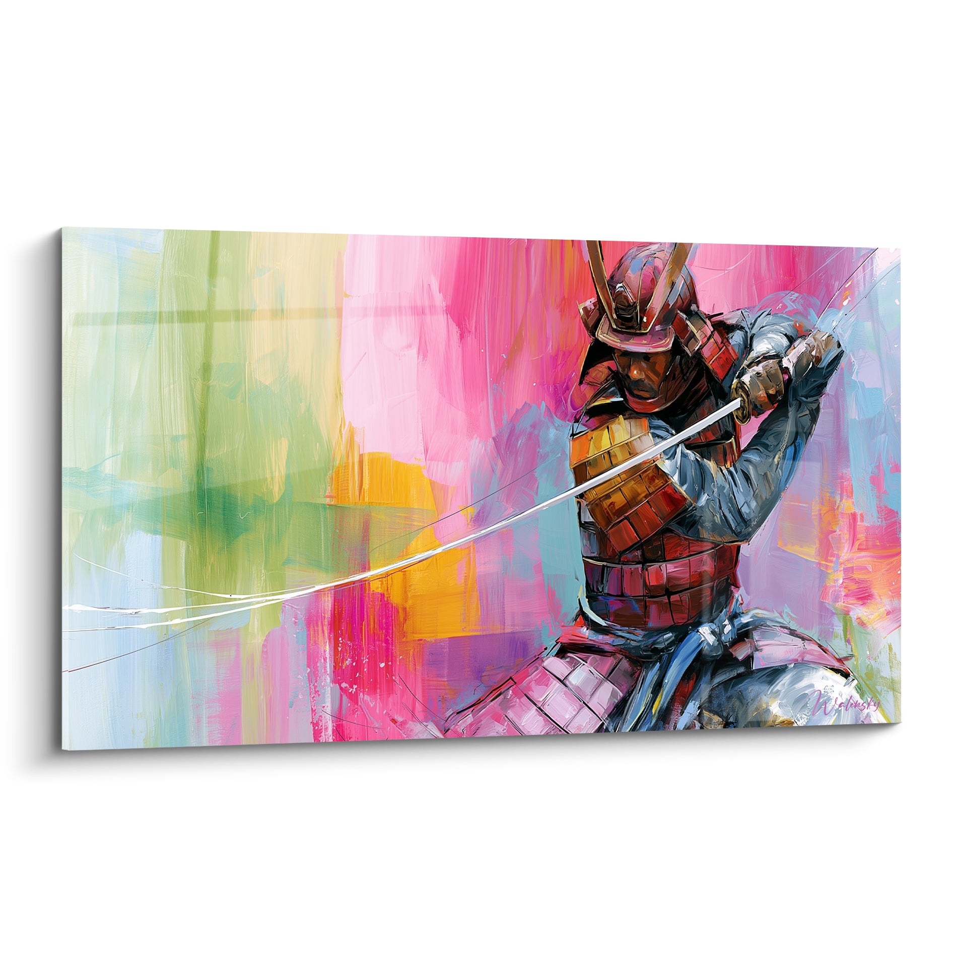 Samouraï en armure rouge terracotta dégainant son sabre sur fond rose et bleu pastel abstrait