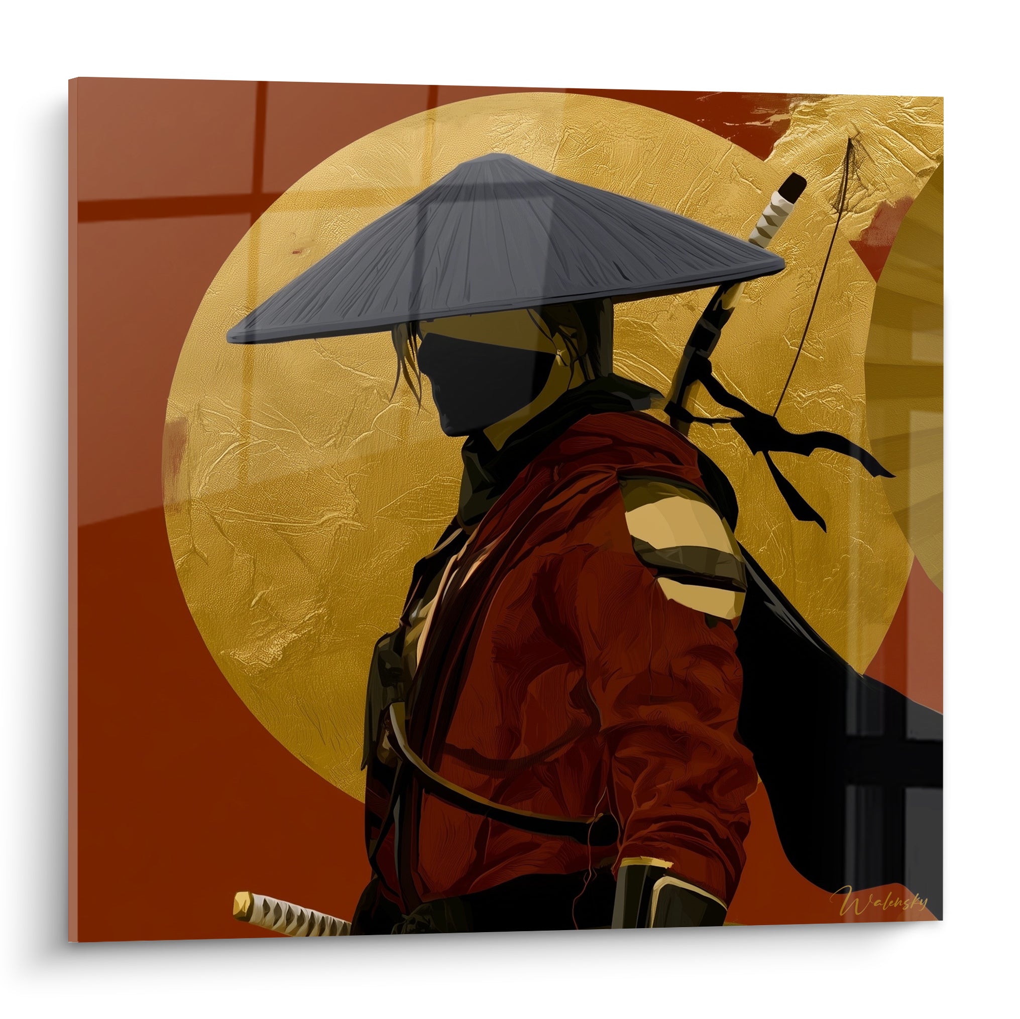 Guerrier samouraï en armure rouge terracotta et chapeau gris devant un soleil doré texturé