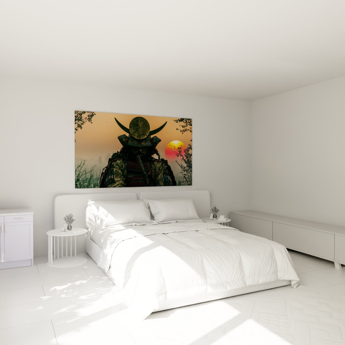Guerrier Samouraï à l'armure verte et rouge, soleil orangé, accroché au-dessus d'un lit dans une chambre claire