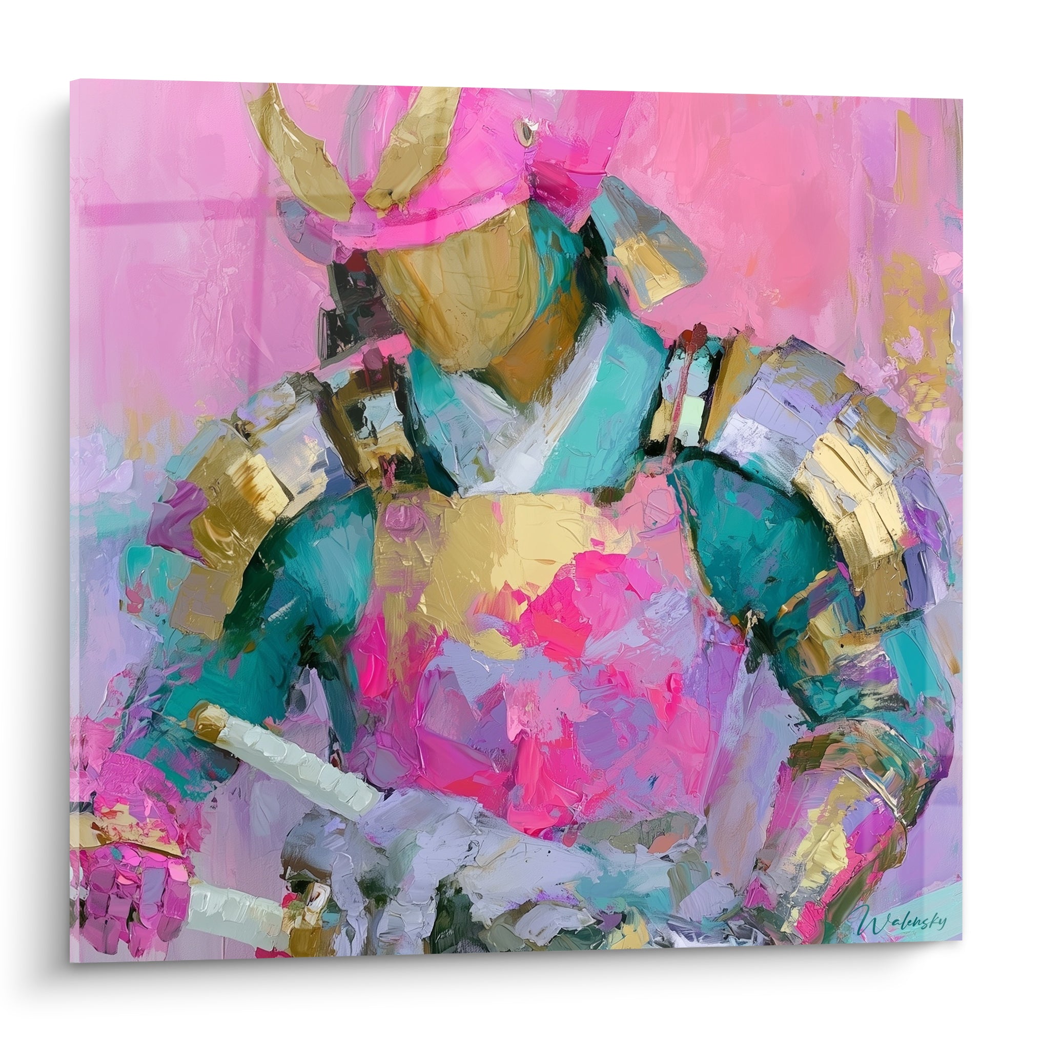 Samouraï casqué en armure turquoise et dorée sur fond rose fuchsia peint à la spatule