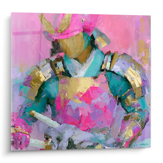 Samouraï casqué en armure turquoise et dorée sur fond rose fuchsia peint à la spatule