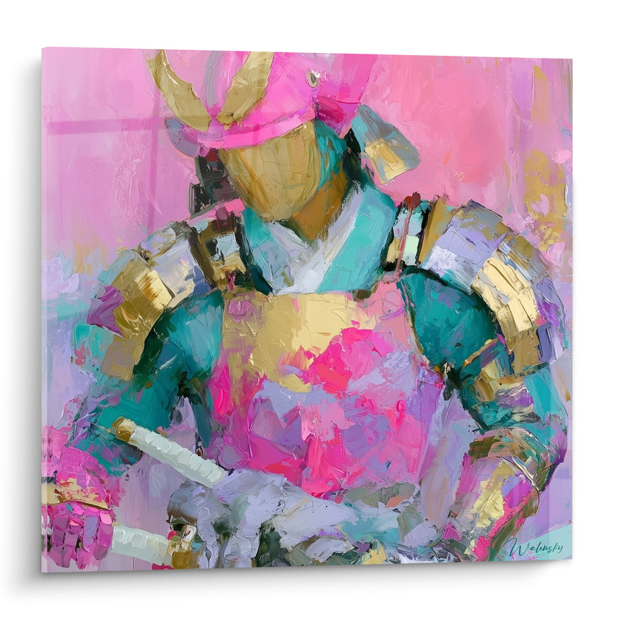 Tableau Guerrier casqué rose et turquoise au katana blanc - Épaulières dorées ouvragées - Edition Samouraï