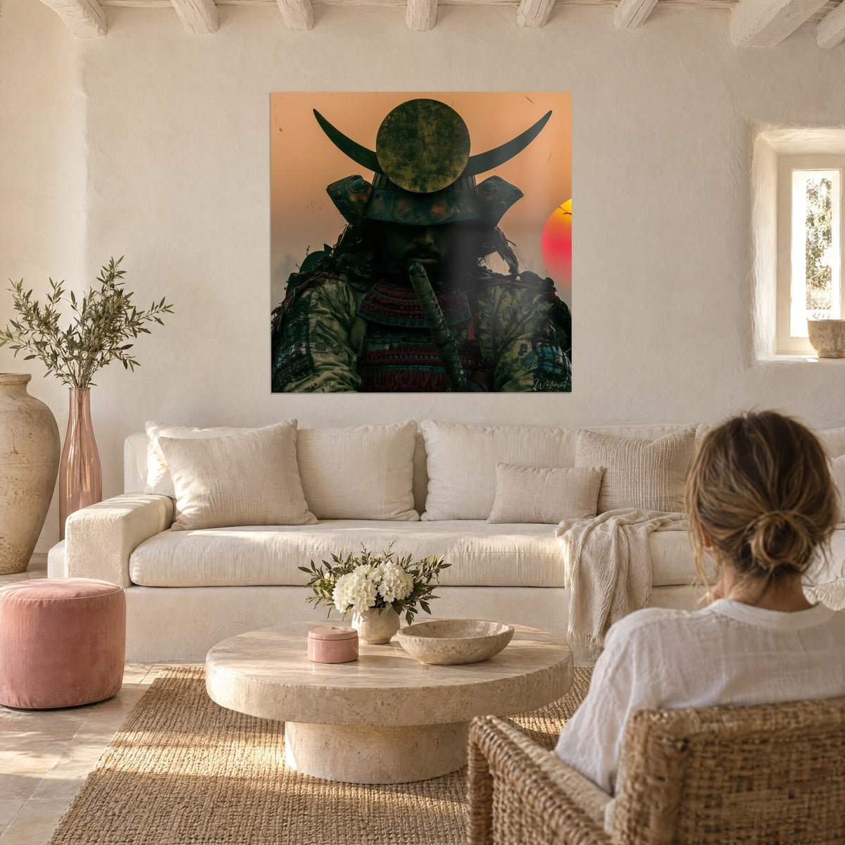 Schilderij samoerai met een gouden halvemaan op de helm onder een rode zon, oranje lucht, vrouw van achteren, boven een bank in een lichte woonkamer