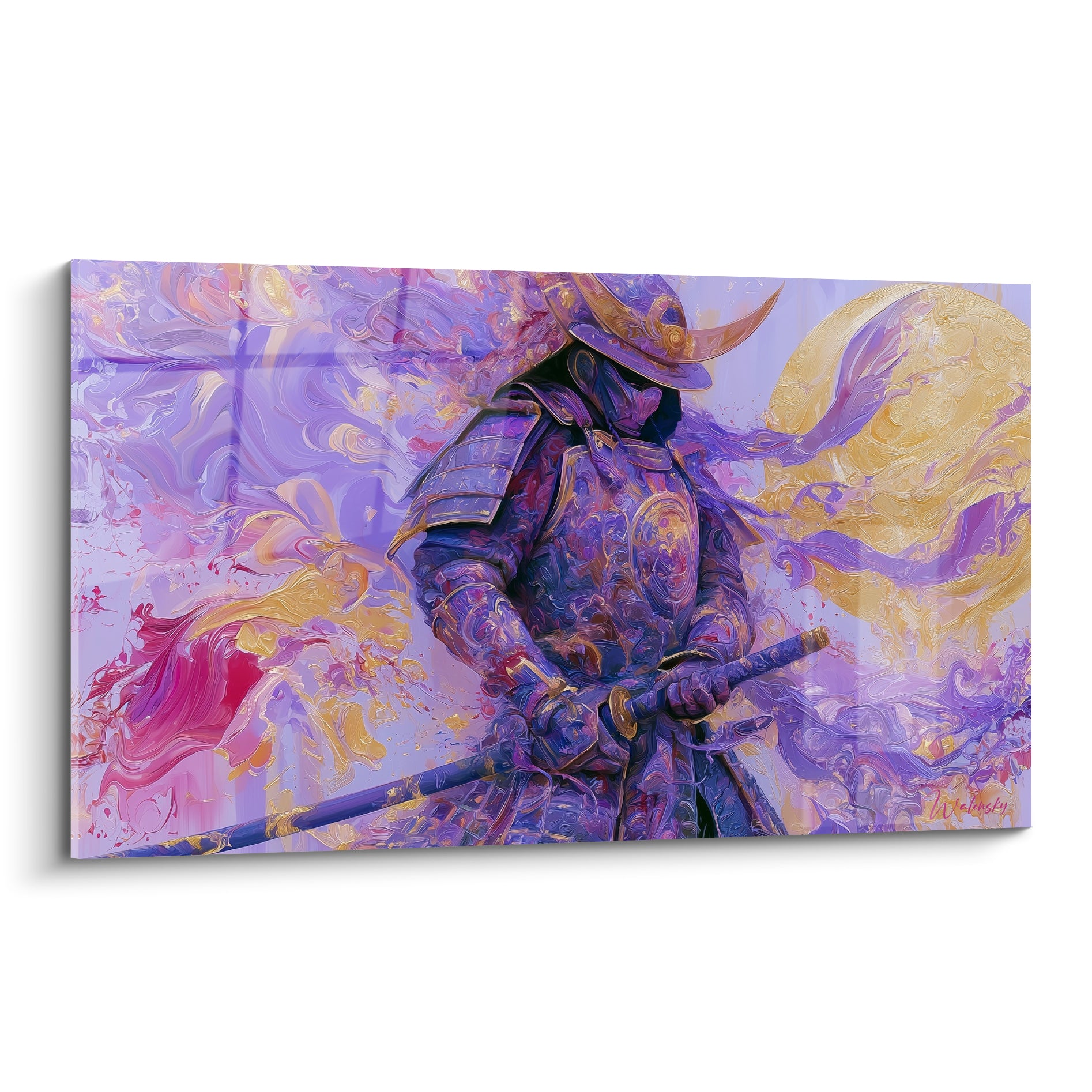 Samouraï en armure violette et dorée, sabre en main, entouré de volutes fauve et pourpre.