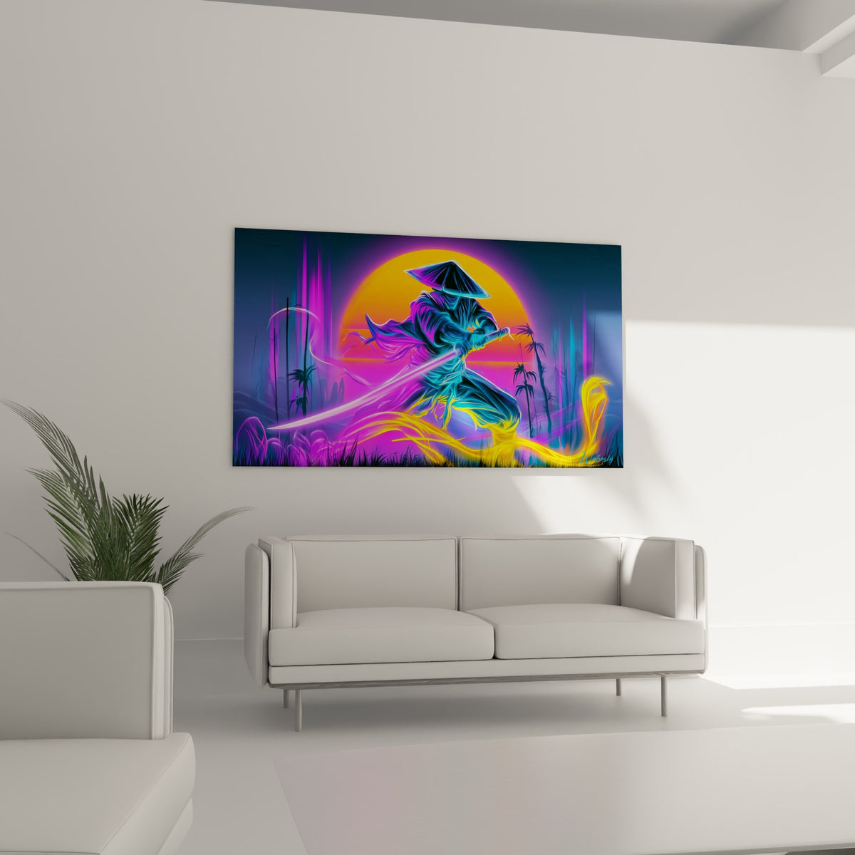 Samouraï accroupi entouré de bambous noirs, lumière violette et dorée, au-dessus d'un canapé dans un salon lumineux