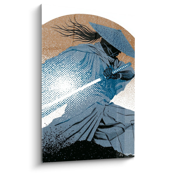 Tableau Guerrier bleu et ocre à la chevelure fouettée - Lame blanche lumineuse - Edition Samouraï
