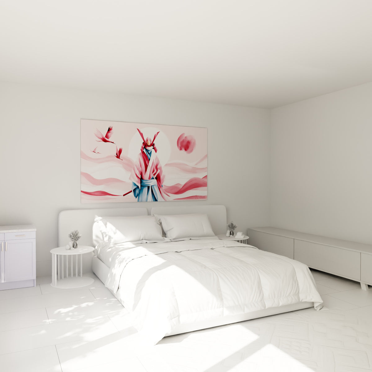 Guerrier japonais rose poudré et bleu ardoise accroché au-dessus d'un lit dans une chambre claire